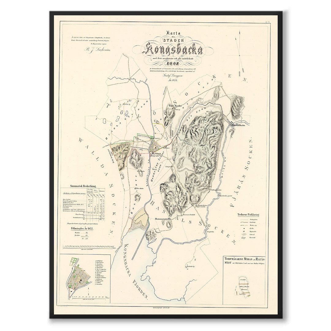 Poster med reproduktion av historisk karta över Kungsbacka från Ljunggrens klassiska atlas.