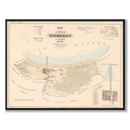 Poster med reproduktion av historisk karta över Lidköping från Ljunggrens klassiska atlas.