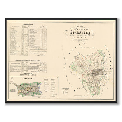 Poster med reproduktion av historisk karta över Linköping från Ljunggrens klassiska atlas.