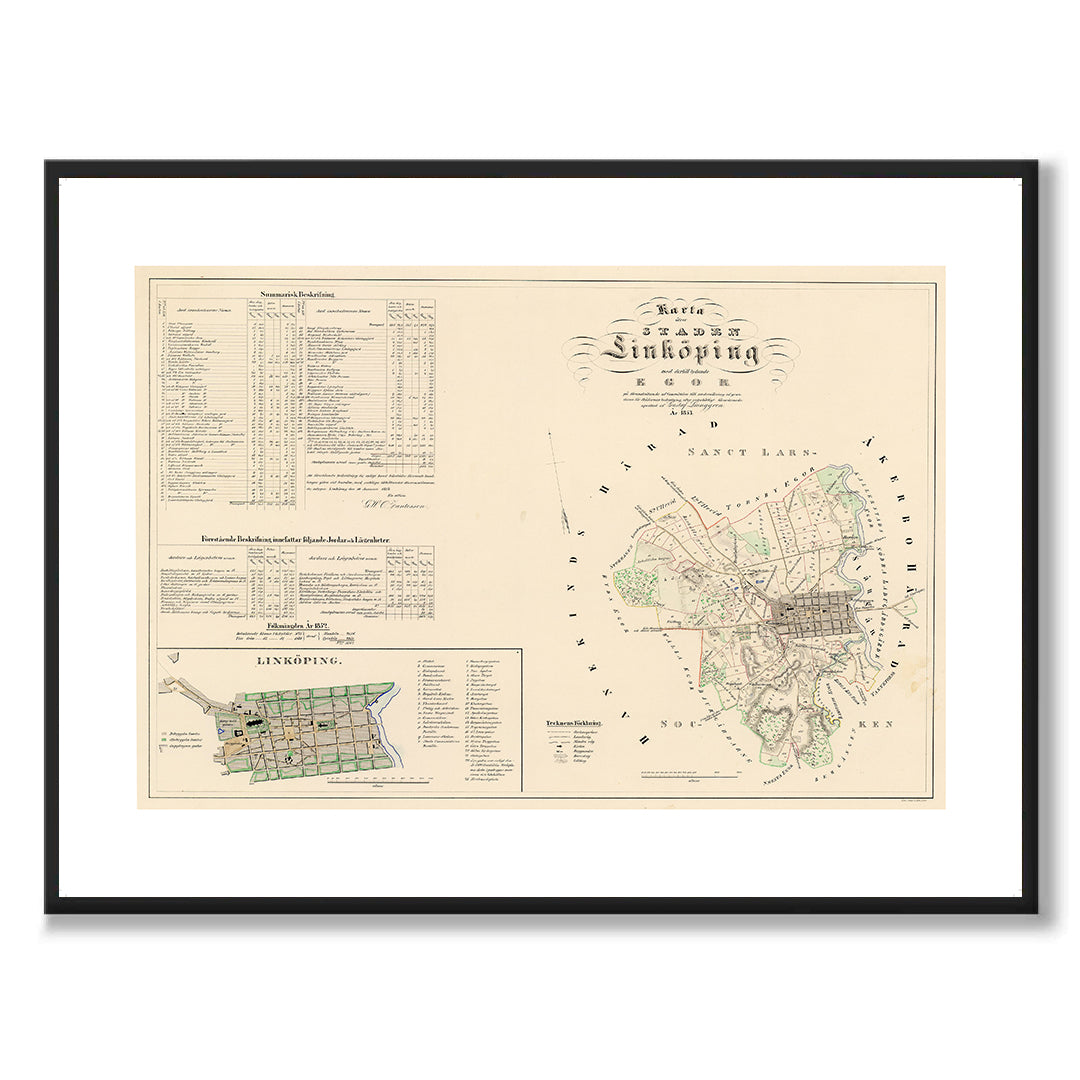 Poster med reproduktion av historisk karta över Linköping från Ljunggrens klassiska atlas.