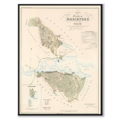 Poster med reproduktion av historisk karta över Mariefred från Ljunggrens klassiska atlas. 