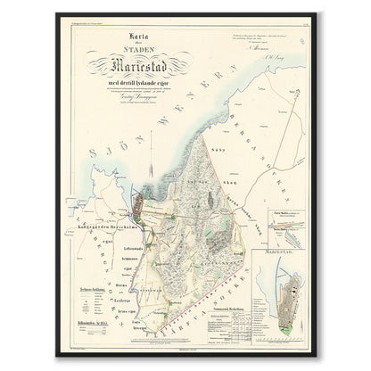 Poster med reproduktion av historisk karta över Mariestad från Ljunggrens klassiska atlas. 
