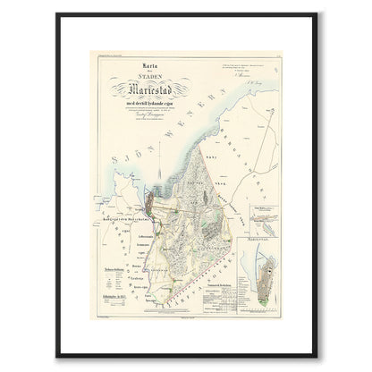 Poster med reproduktion av historisk karta över Mariestad från Ljunggrens klassiska atlas. 