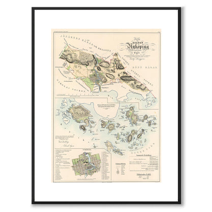 Poster med reproduktion av historisk karta över Nyköping från Ljunggrens klassiska atlas. 