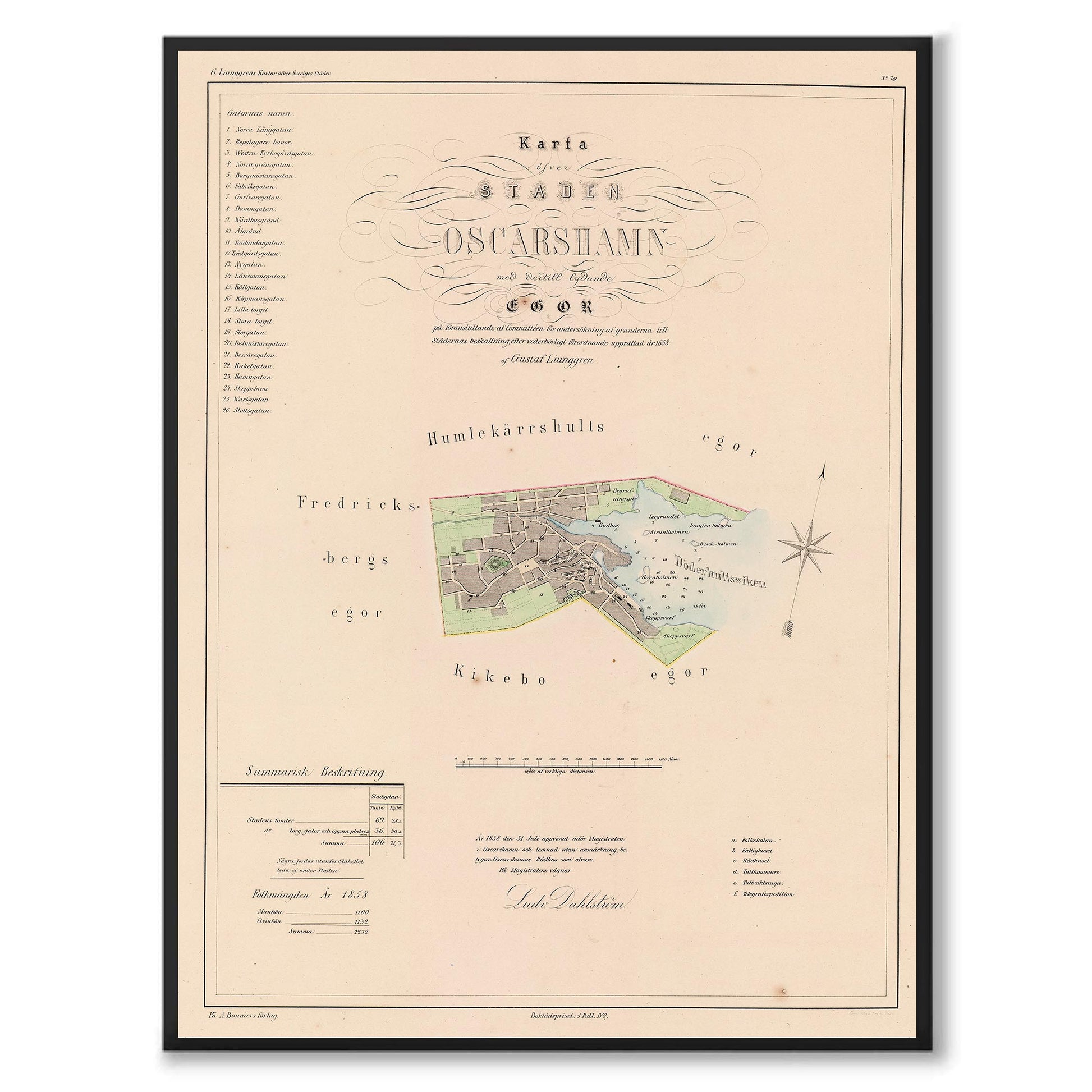 Poster med reproduktion av historisk karta över Oskarshamn från Ljunggrens klassiska atlas.