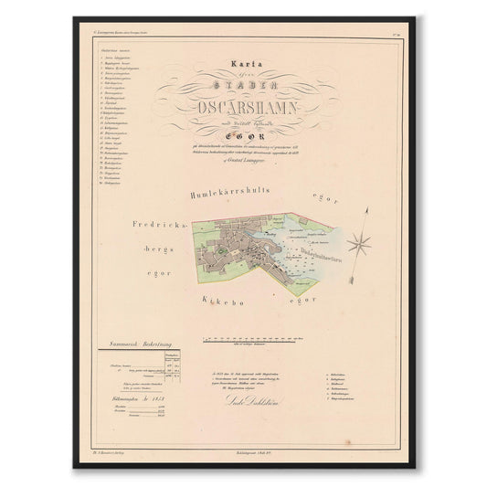 Poster med reproduktion av historisk karta över Oskarshamn från Ljunggrens klassiska atlas.