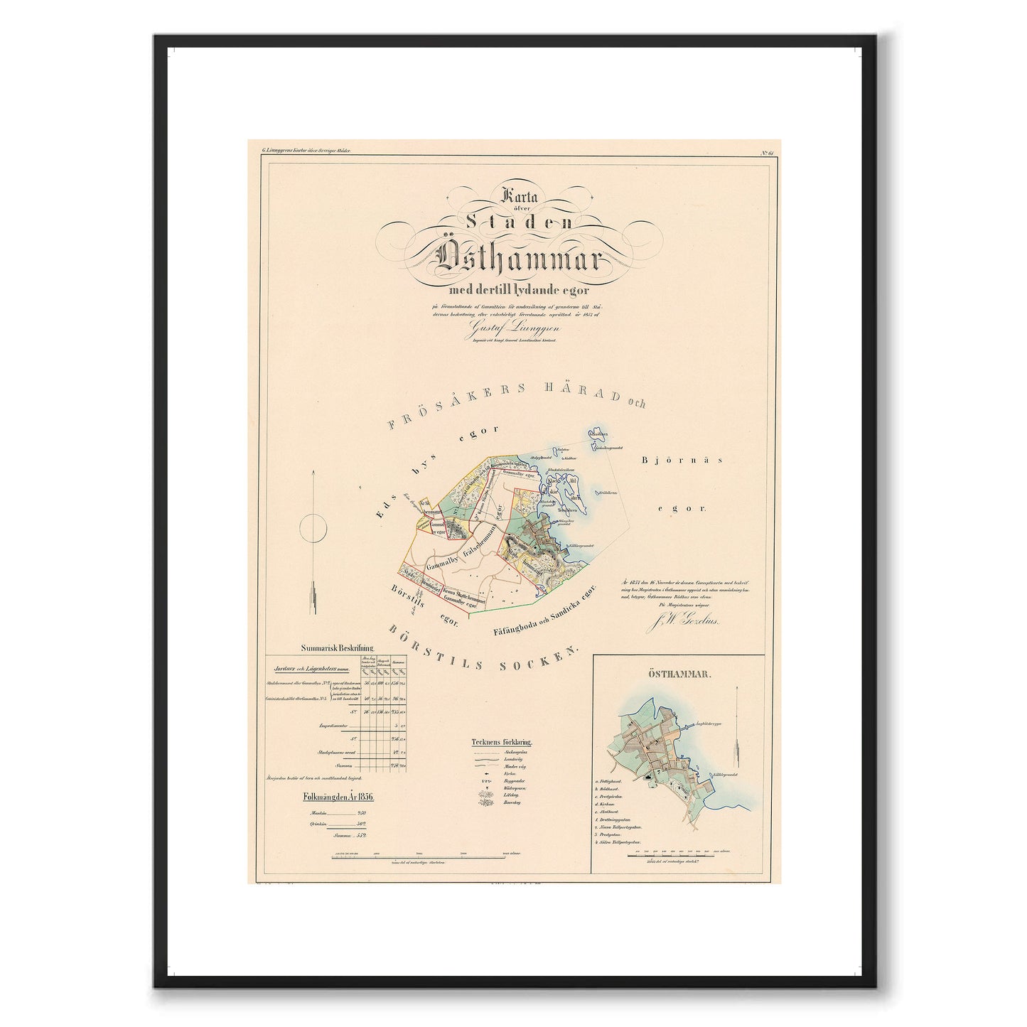 Poster med reproduktion av historisk karta över Östhammar från Ljunggrens klassiska atlas.