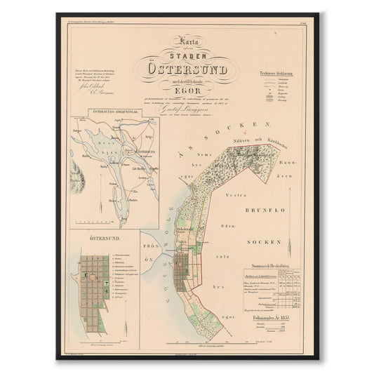 Poster med reproduktion av historisk karta över Östersund från Ljunggrens klassiska atlas.