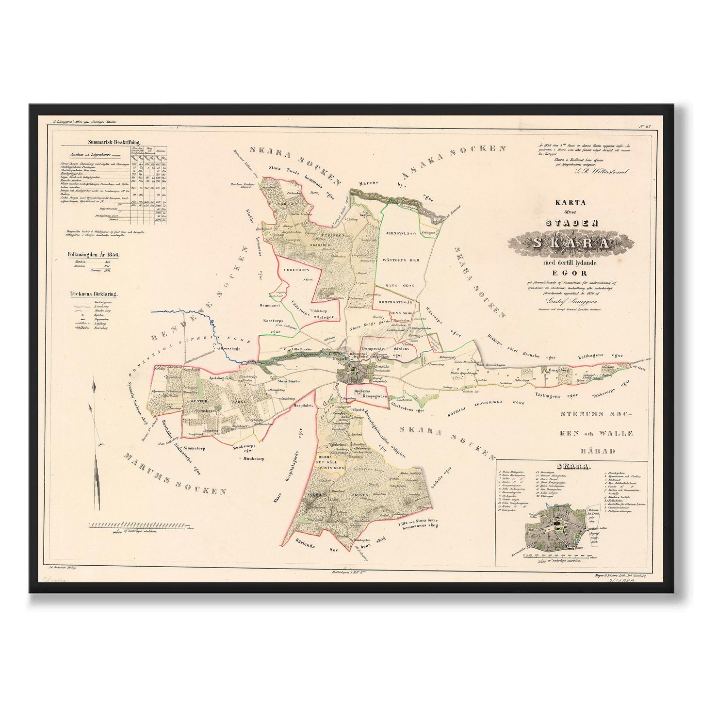 Poster med reproduktion av historisk karta över Skara från Ljunggrens klassiska atlas.