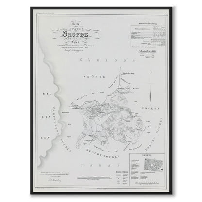Poster med reproduktion av historisk karta över Skövde från Ljunggrens klassiska atlas. 