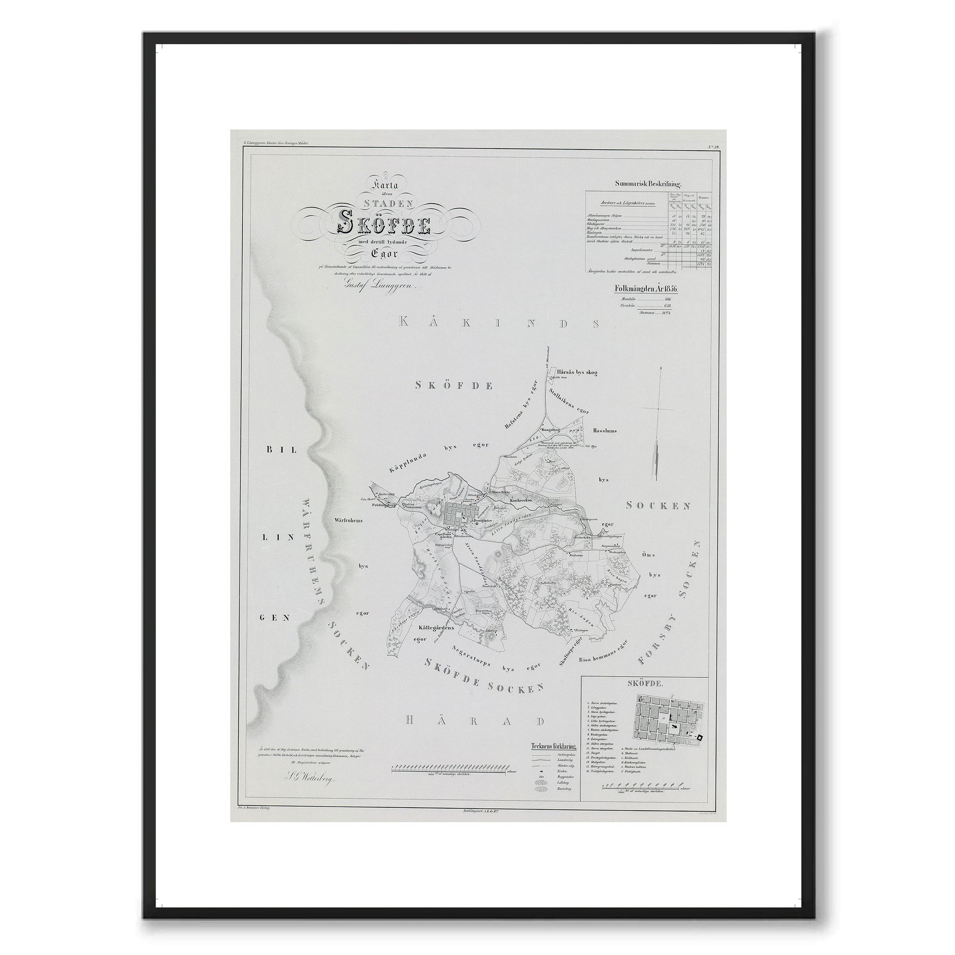 Poster med reproduktion av historisk karta över Skövde från Ljunggrens klassiska atlas. 