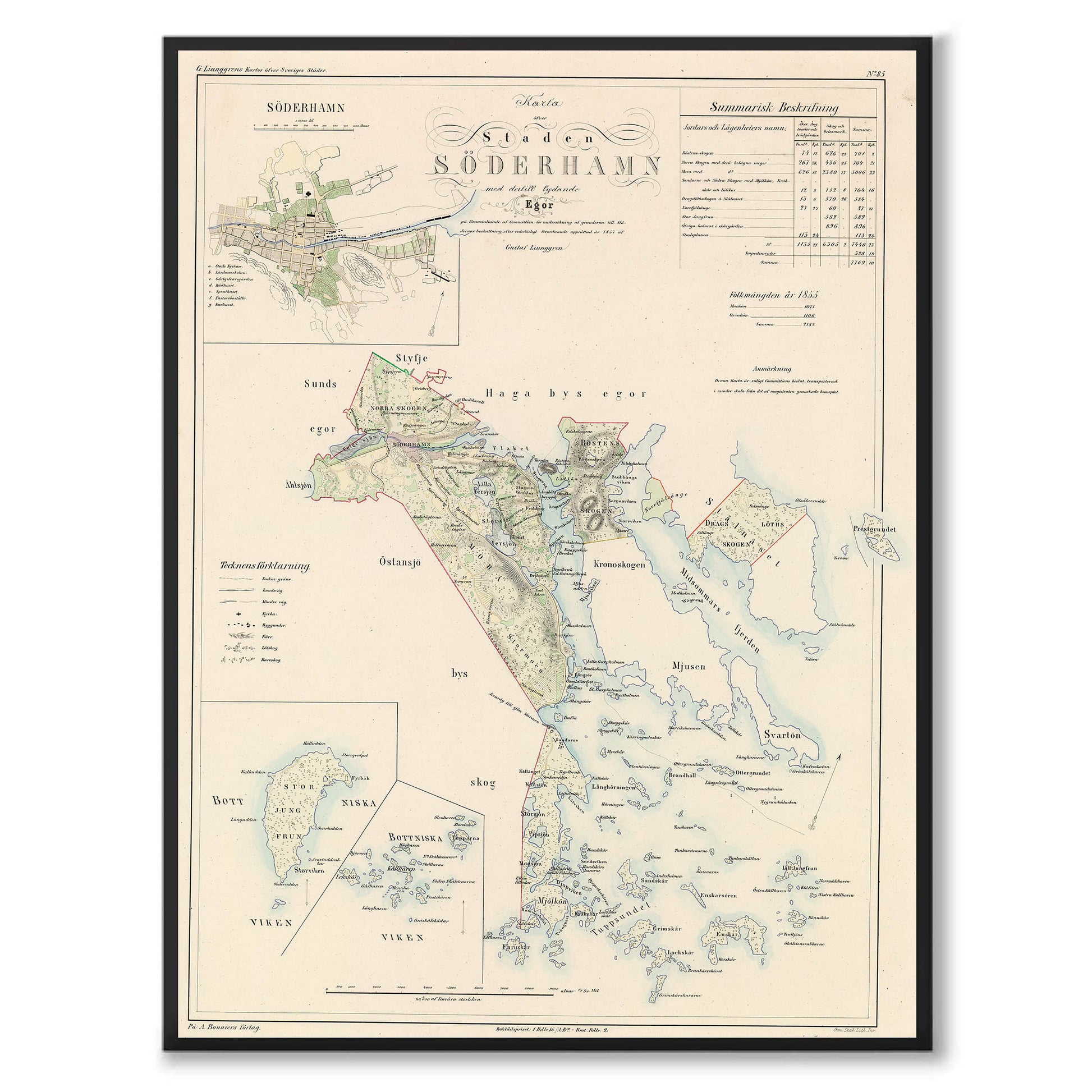 Poster med reproduktion av historisk karta över Söderhamn från Ljunggrens klassiska atlas. 