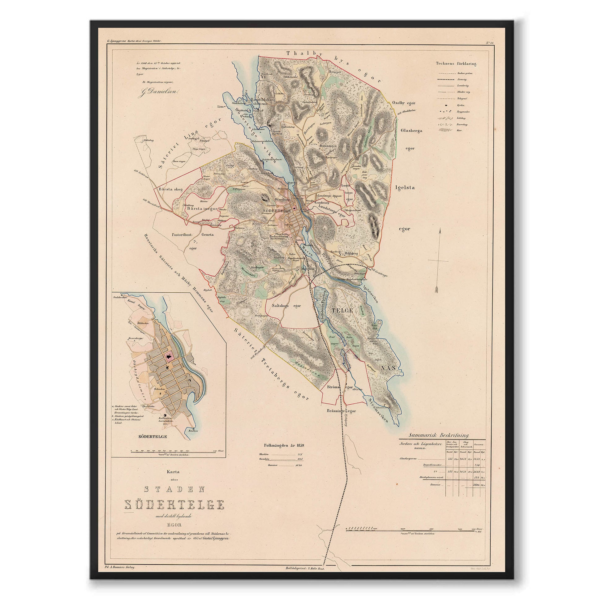Poster med reproduktion av historisk karta över Södertälje från Ljunggrens klassiska atlas. 