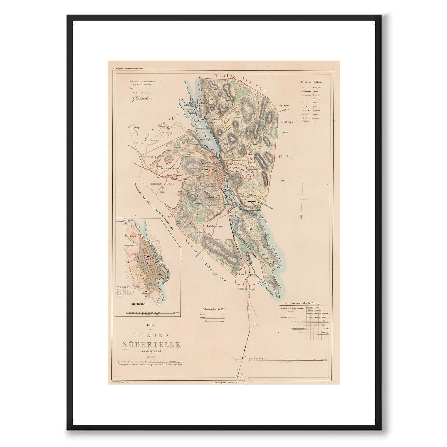 Poster med reproduktion av historisk karta över Södertälje från Ljunggrens klassiska atlas. 