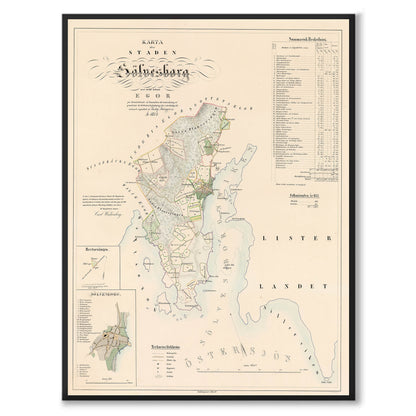 Poster med reproduktion av historisk karta över Sölvesborg från Ljunggrens klassiska atlas. 