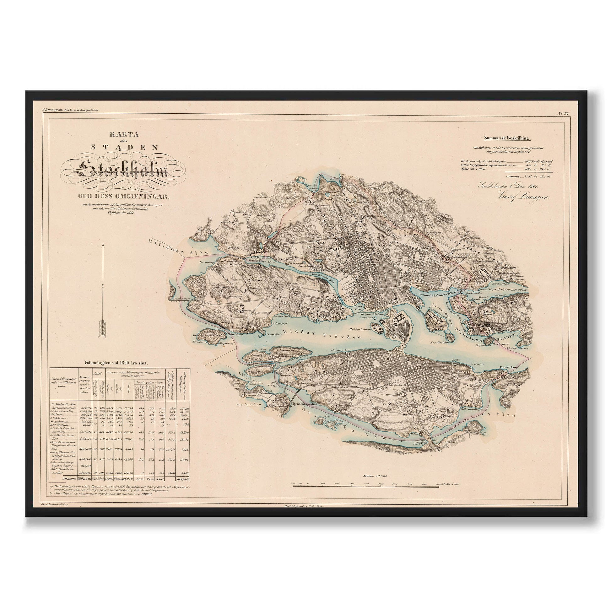 Poster med reproduktion av historisk karta över Stockholm från Ljunggrens klassiska atlas.