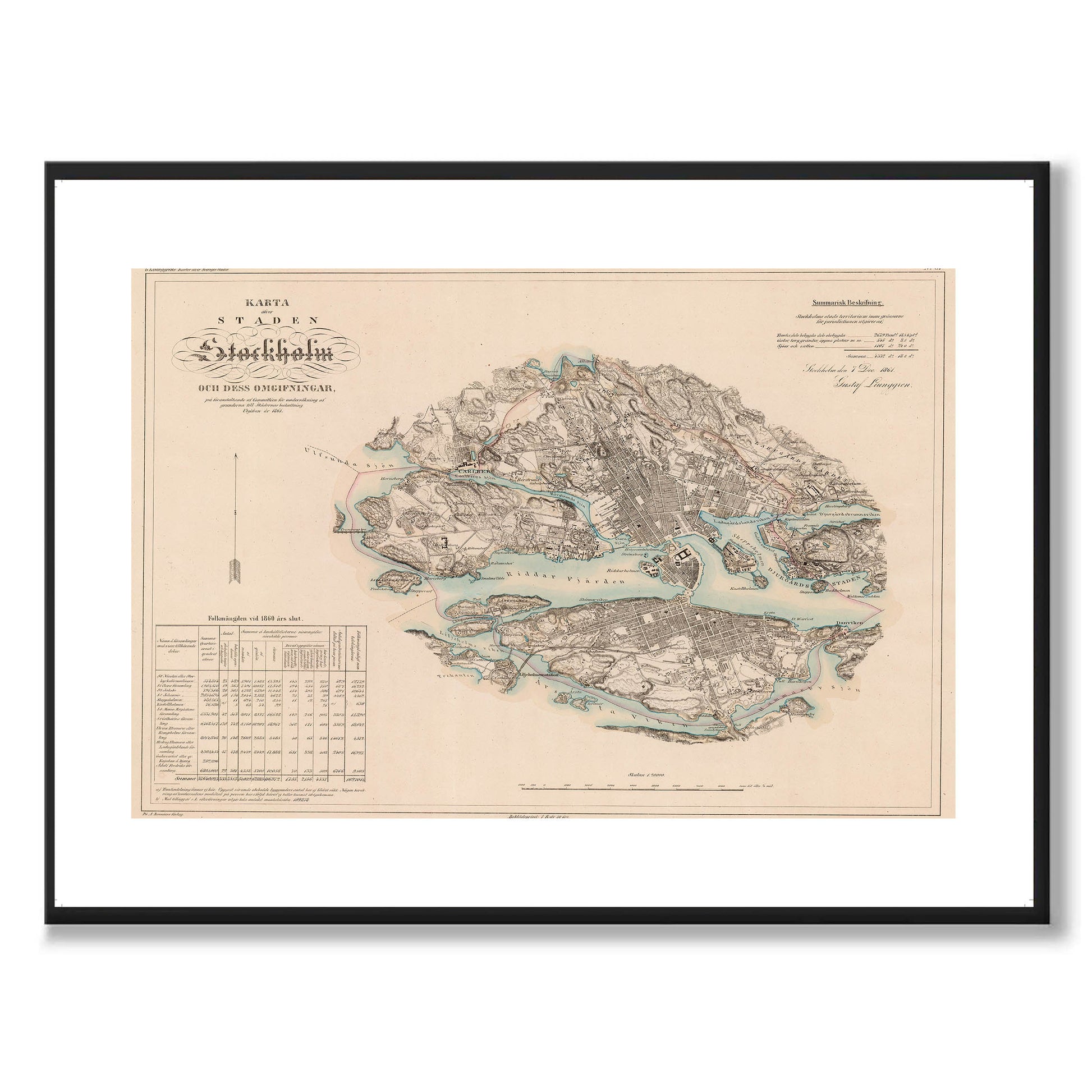 Poster med reproduktion av historisk karta över Stockholm från Ljunggrens klassiska atlas.