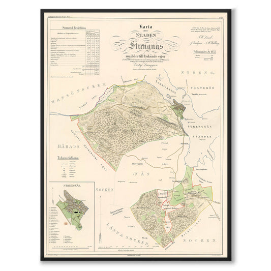 Poster med reproduktion av historisk karta över Strängnäs från Ljunggrens klassiska atlas.