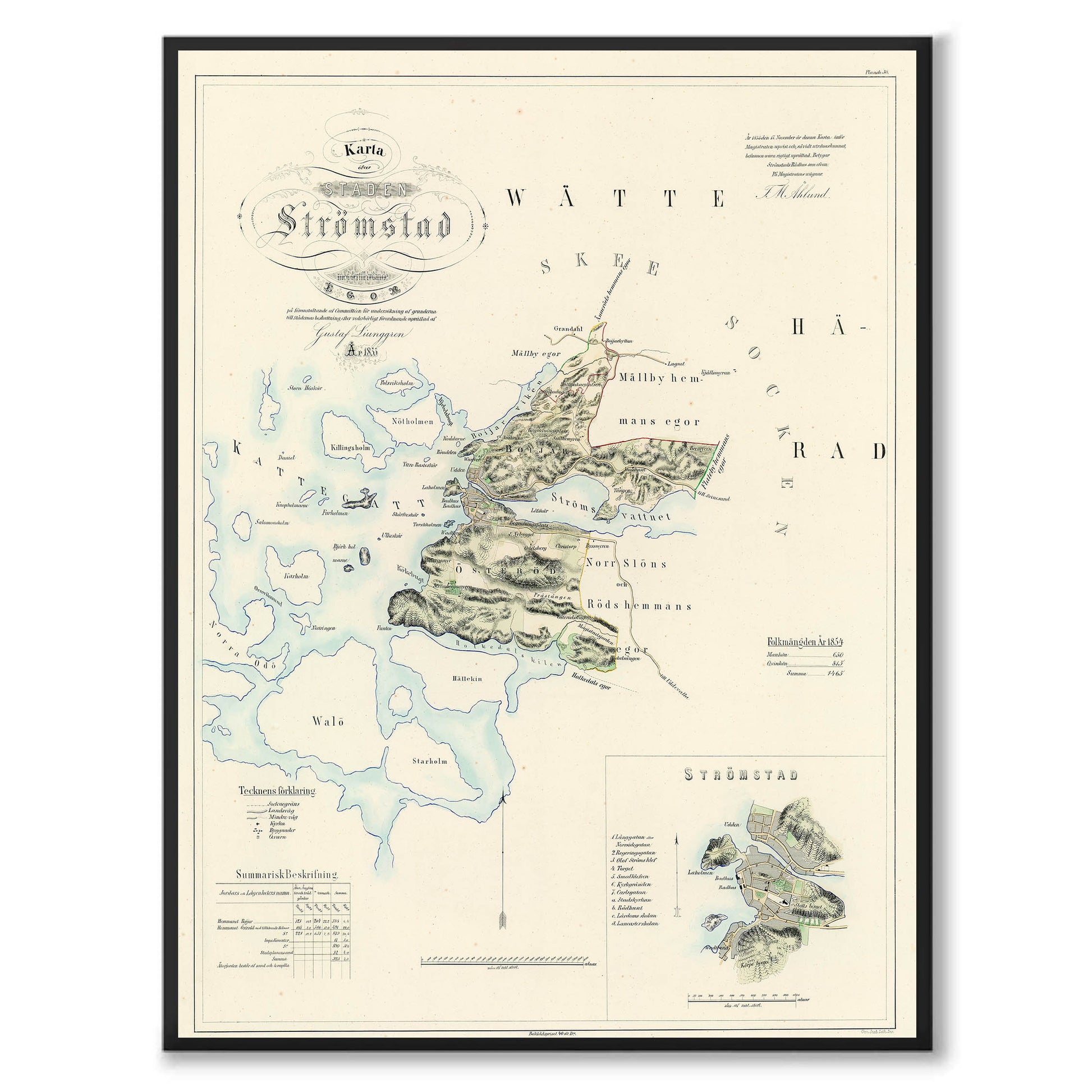 Poster med reproduktion av historisk karta över Strömstad från Ljunggrens klassiska atlas.