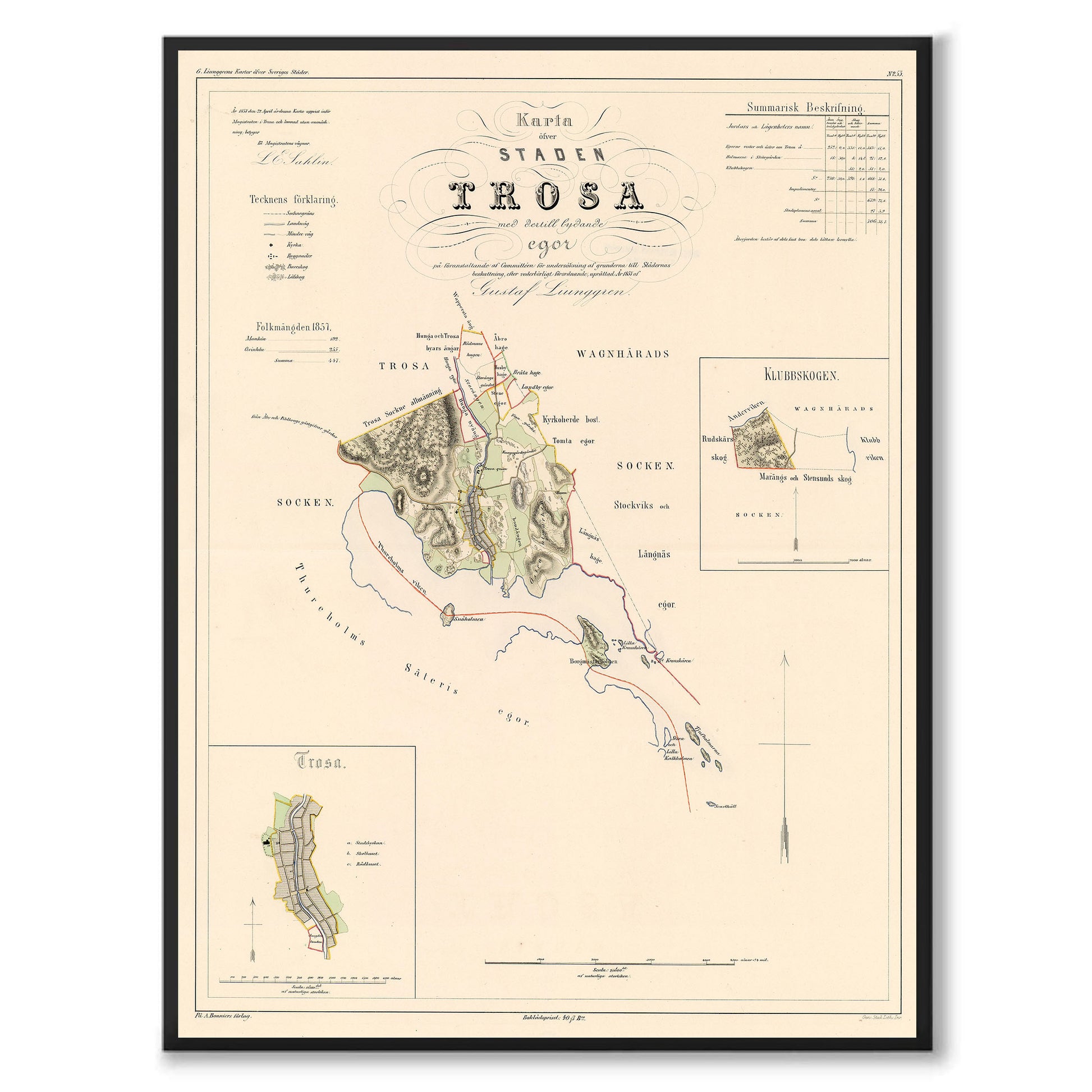 Poster med reproduktion av historisk karta över Trosa från Ljunggrens klassiska atlas.