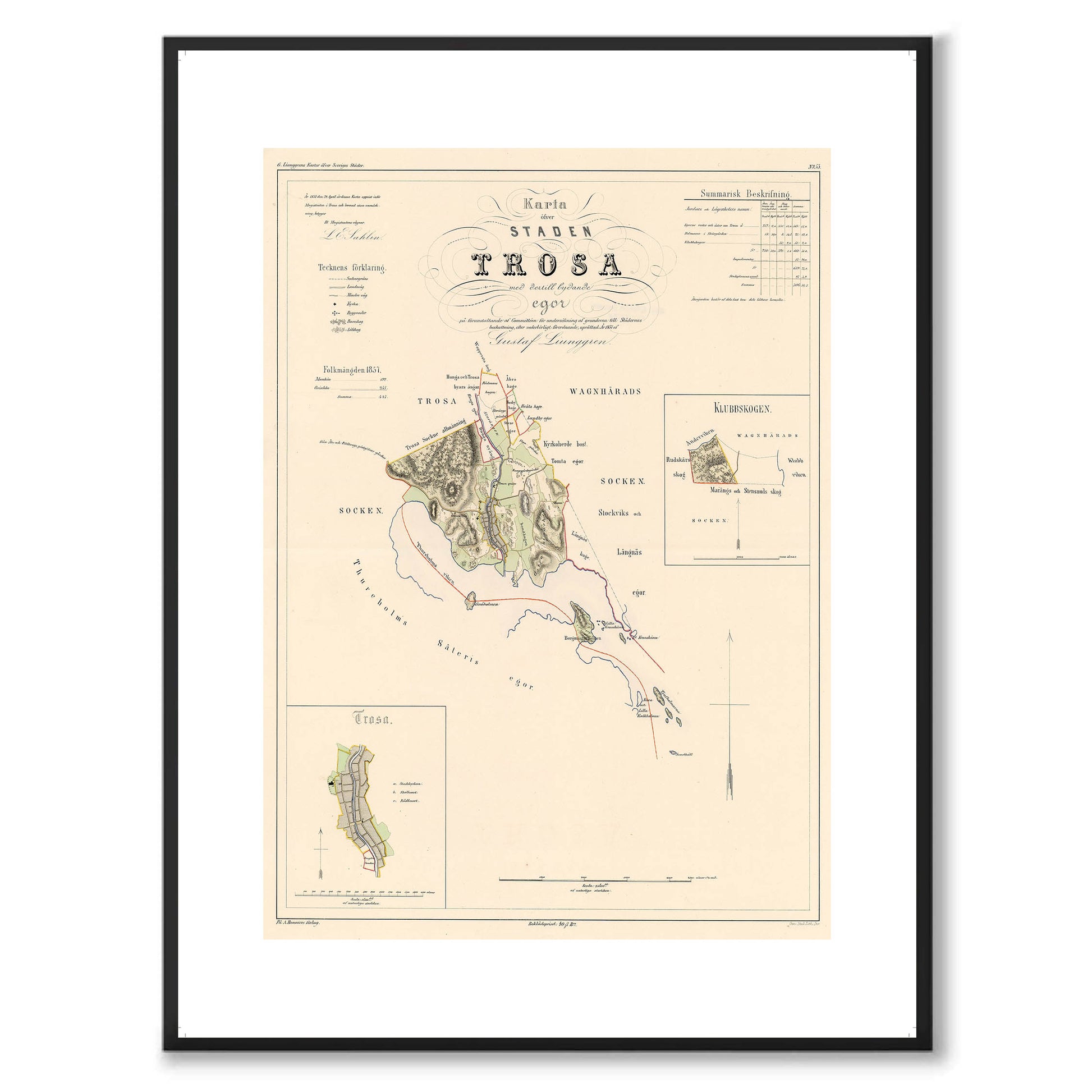 Poster med reproduktion av historisk karta över Trosa från Ljunggrens klassiska atlas.