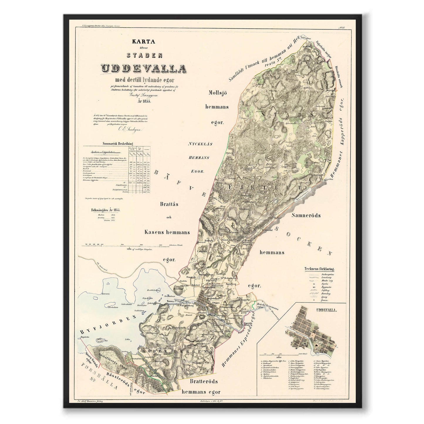 Poster med reproduktion av historisk karta över Uddevalla från Ljunggrens klassiska atlas. 