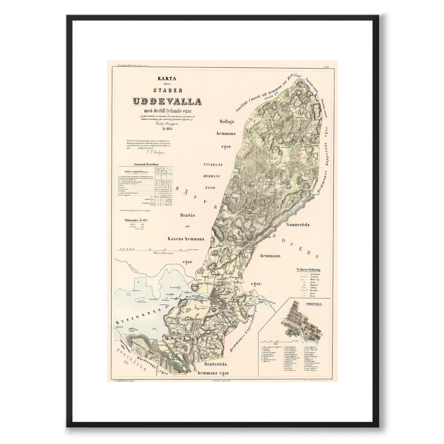 Poster med reproduktion av historisk karta över Uddevalla från Ljunggrens klassiska atlas. 