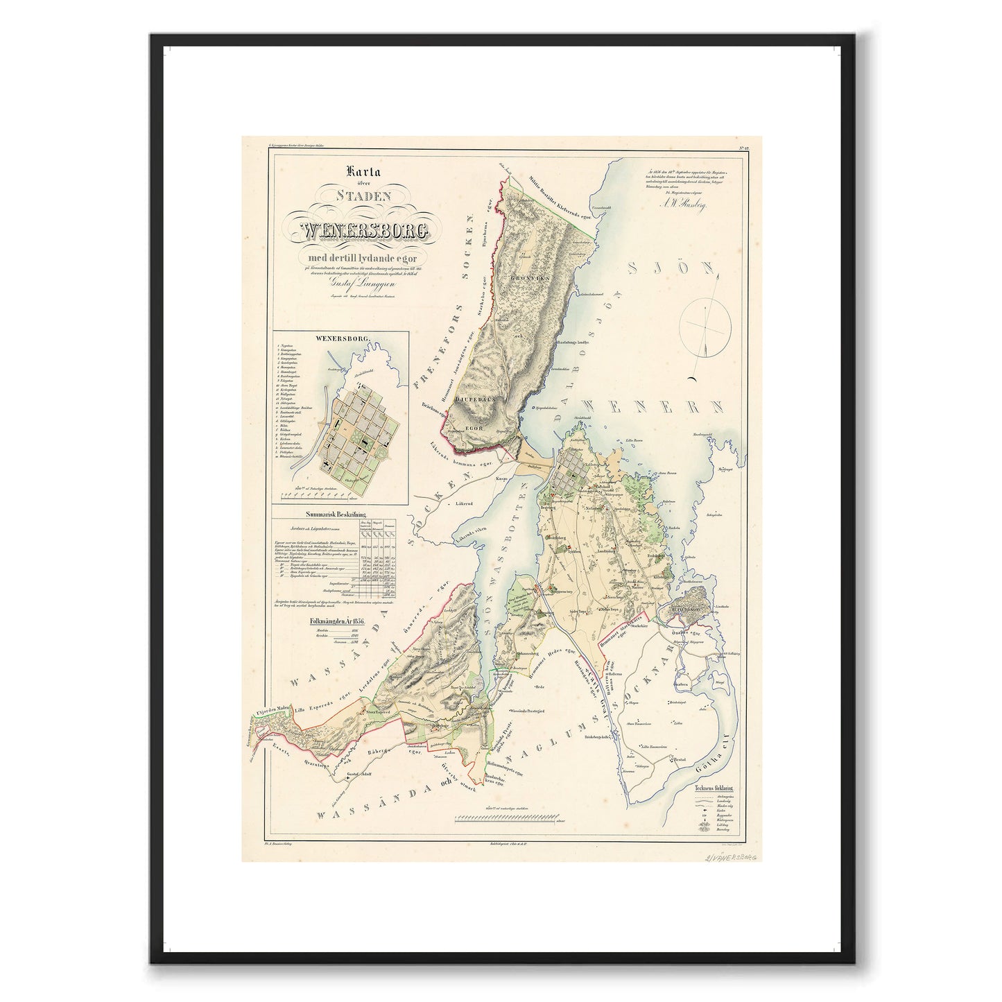 Poster med reproduktion av historisk karta över Vänersborg från Ljunggrens klassiska atlas.