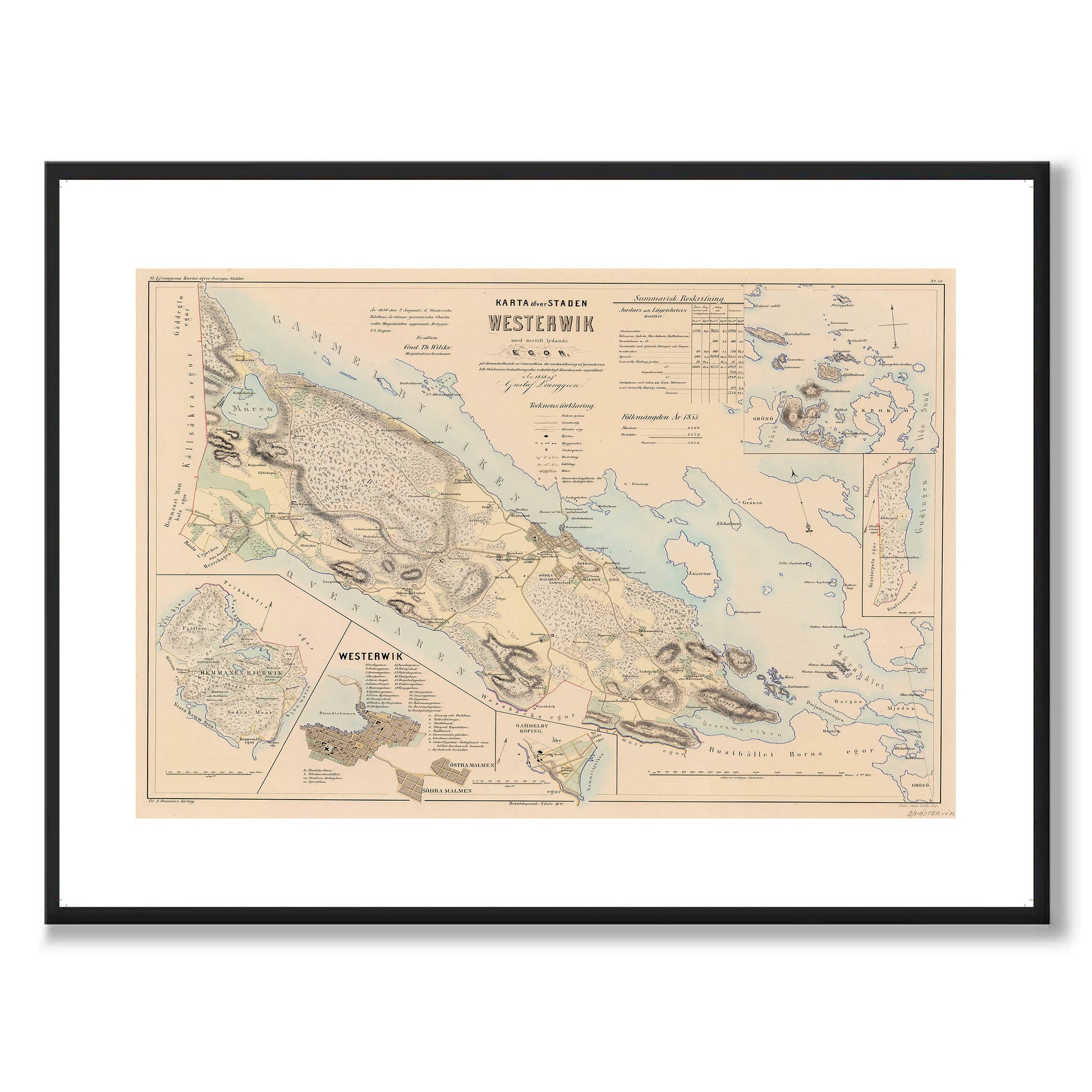 Poster med reproduktion av historisk karta över Västervik från Ljunggrens klassiska atlas.