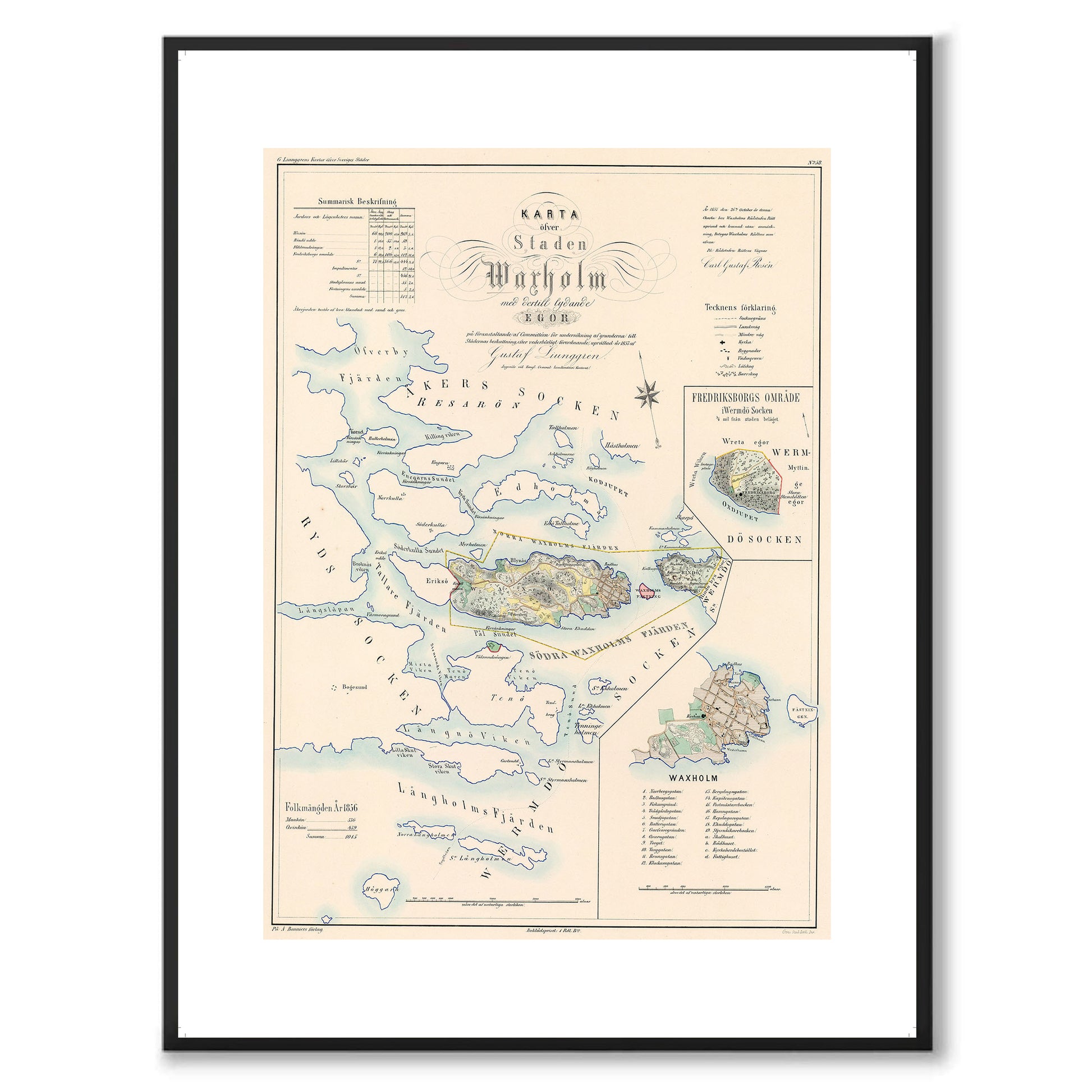 Poster med reproduktion av historisk karta över Vaxholm från Ljunggrens klassiska atlas. 