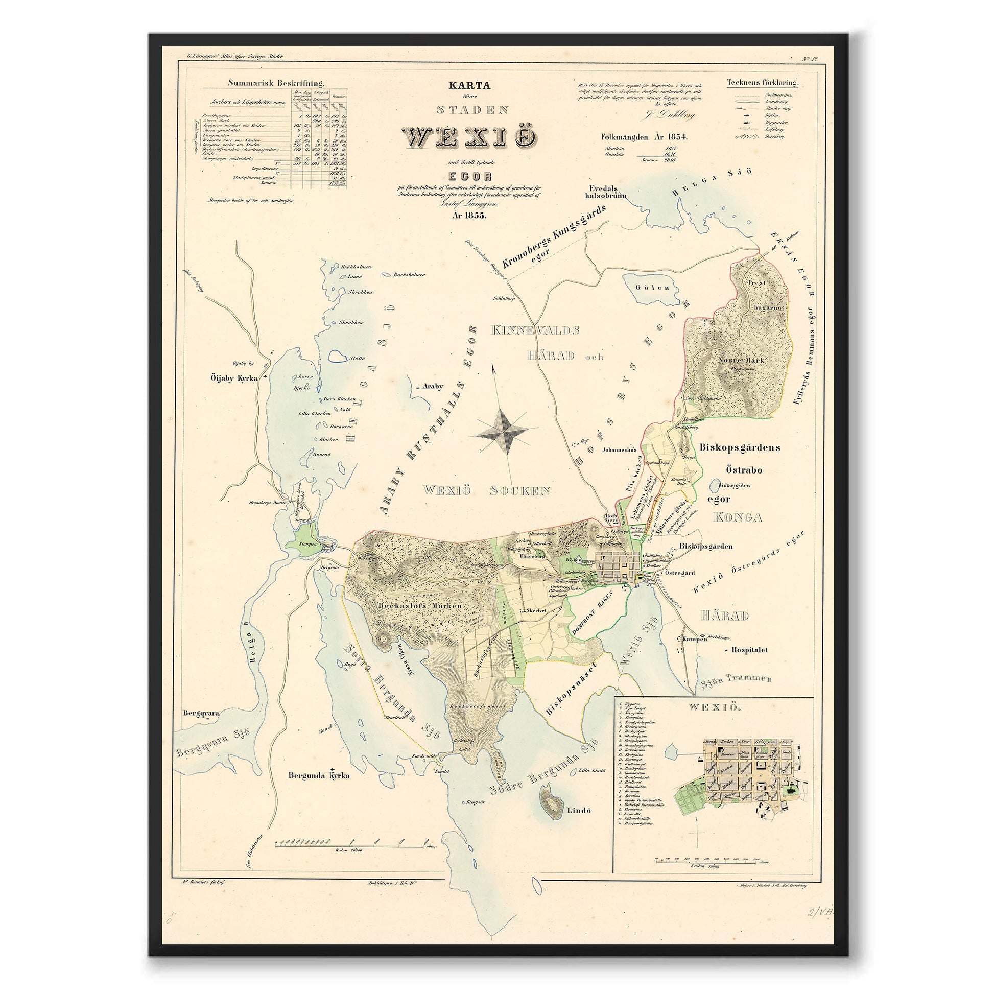 Poster med reproduktion av historisk karta över Växsjö från Ljunggrens klassiska atlas.