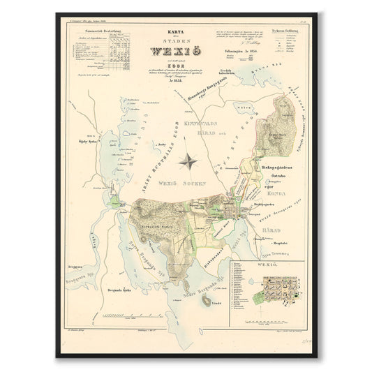 Poster med reproduktion av historisk karta över Växsjö från Ljunggrens klassiska atlas.