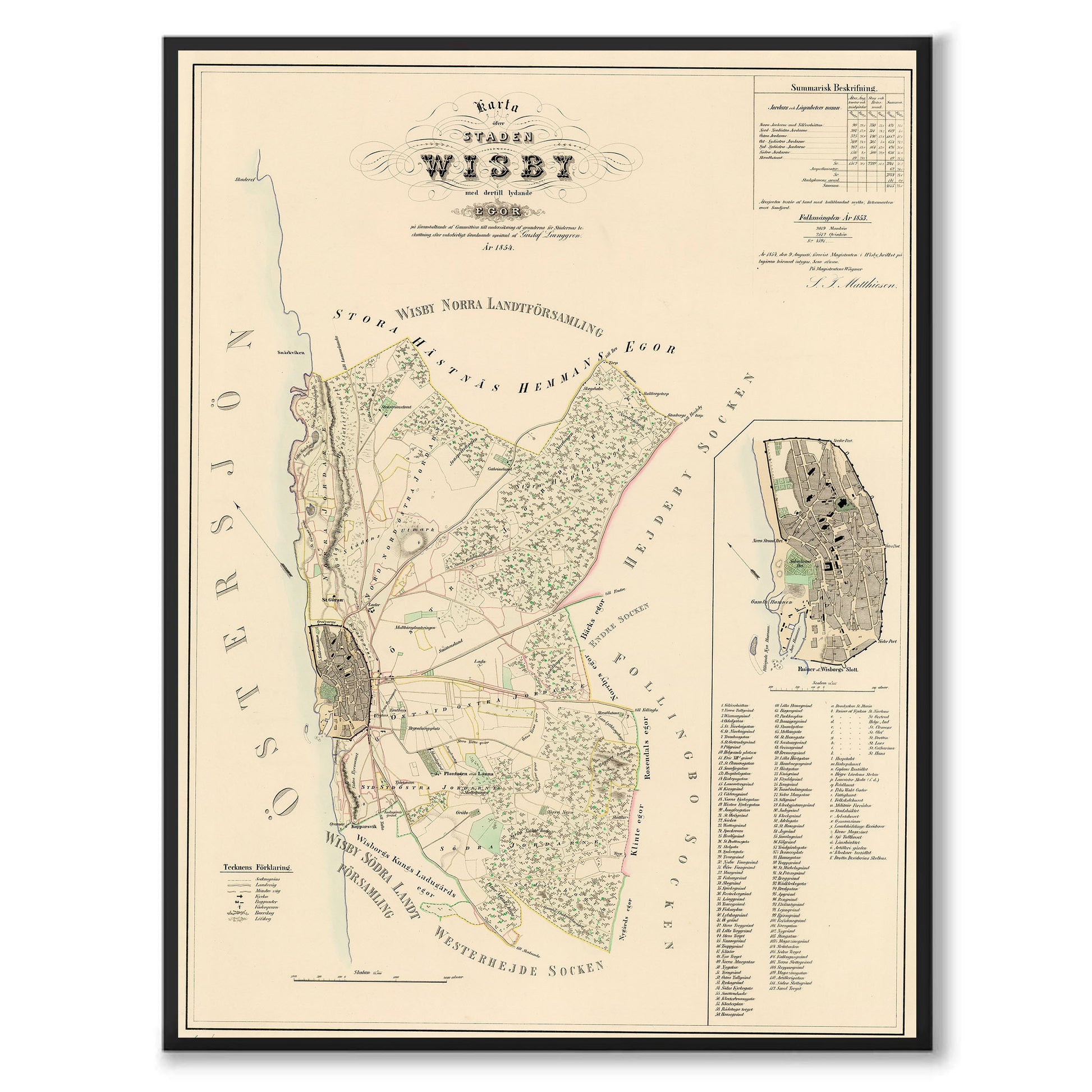Poster med reproduktion av historisk karta över Visby från Ljunggrens klassiska atlas. 