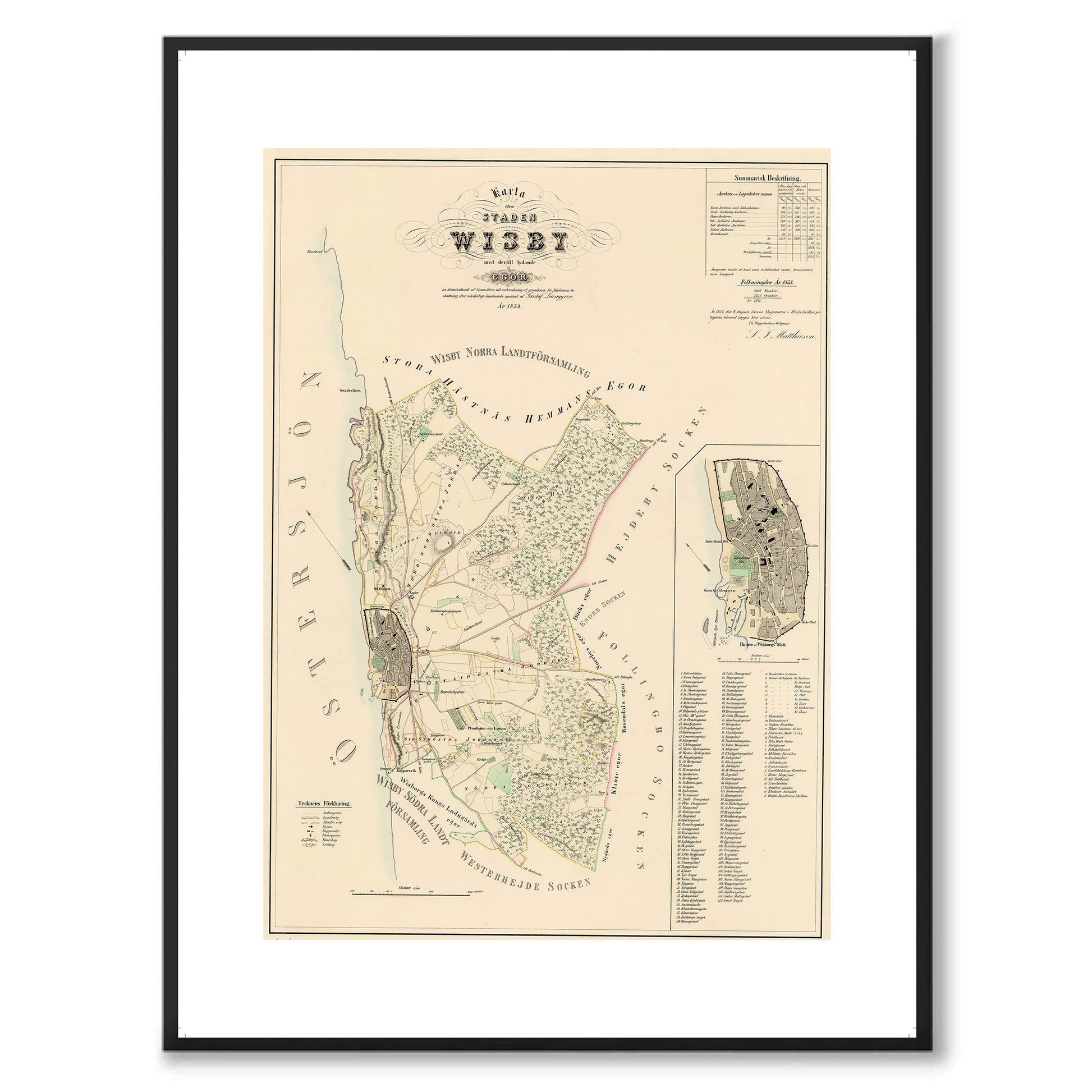 Poster med reproduktion av historisk karta över Visby från Ljunggrens klassiska atlas. 