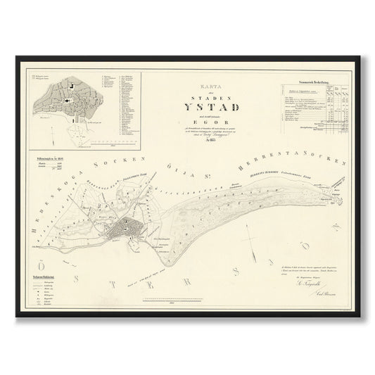 Poster med reproduktion av historisk karta över Ystad från Ljunggrens klassiska atlas. 